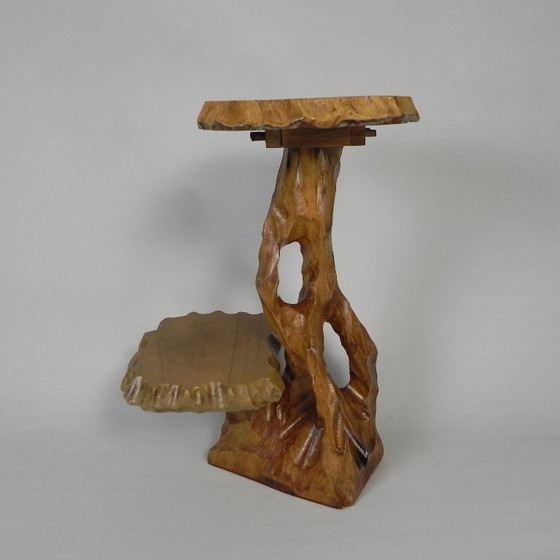 Image 1 of Plantentafel met 2 plateaus, vintage houtsnijwerk, VS jaren 50
