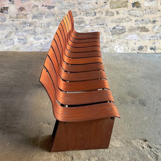 Image 1 of Curved teak and steel bench, 1950