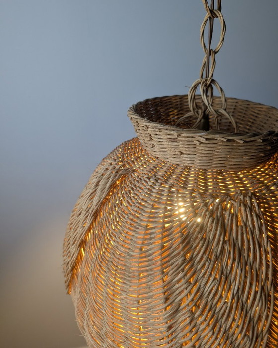 Organic Modern Wicker Pendant Lamp With Layered Petal Shade, Late 20th Century (photo 4 of 9)