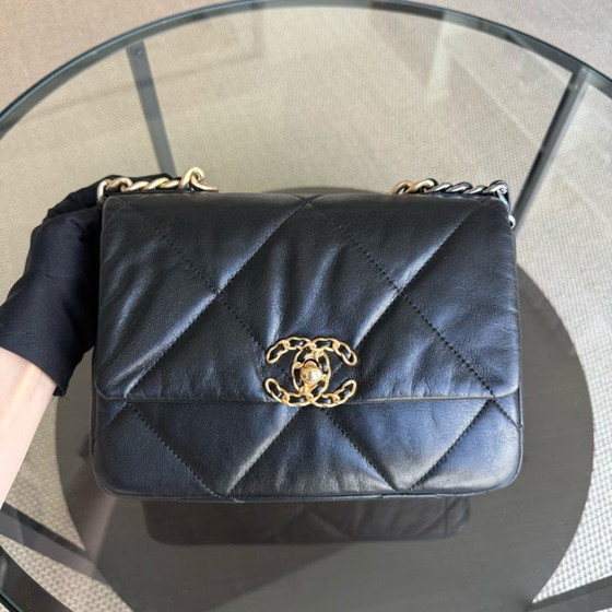 Image 1 of Chanel 19 Bag Small C19 - Quilted Goatskin Black Gold Two-tone Hardware Series 30