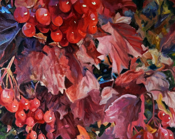 Pittura a Olio Originale Arte Contemporanea Bacche Autunnali Viburno Rosso – Dipinti e disegni, Canvas (photo 5 of 7)