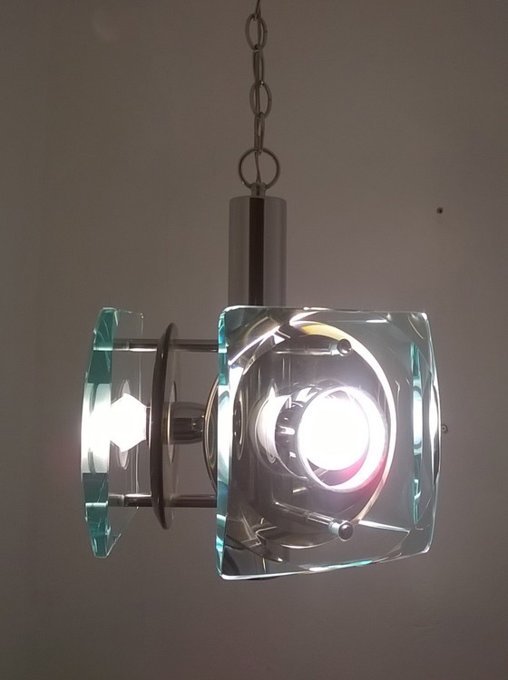 Image 1 of Lampada a sospensione vintage italiana in vetro e acciaio cromato, 1960