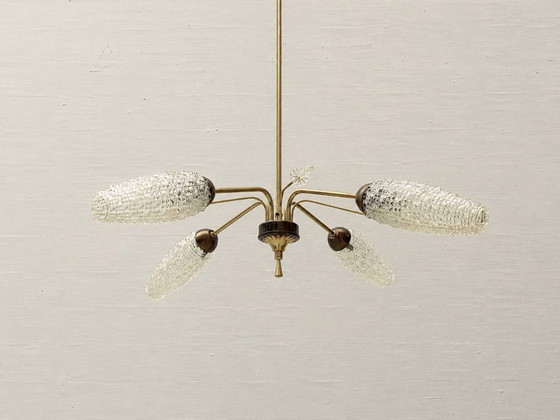 Image 1 of Plafondlamp met getextureerde glazen kappen en kristallen prisma's, jaren 60.