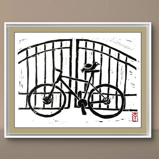 Vintage Bicycle Linocut Print – A4 Black and White Wall Art