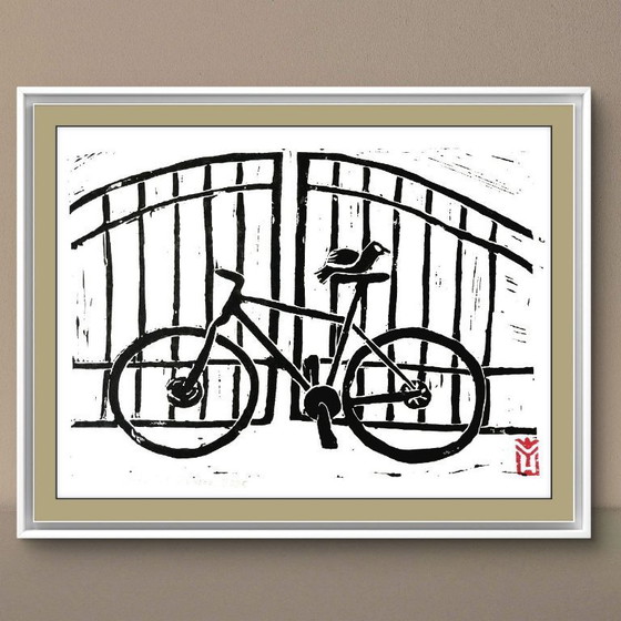 Image 1 of Stampa Linocut di biciclette d'epoca - A4 Arte da parete in bianco e nero