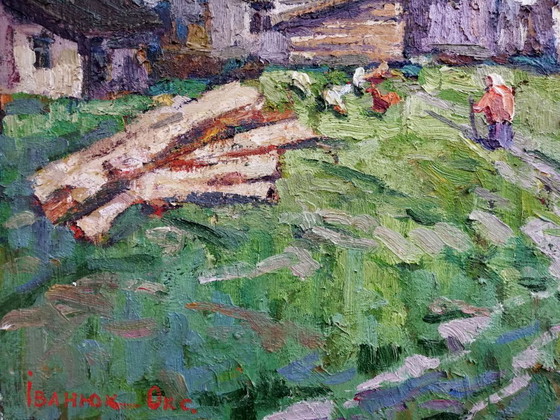 Original Ölgemälde Ländliche Landschaft Dorfleben Im Hof – Gemälde & Zeichnungen, Canvas (photo 7 of 11)