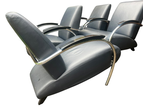Image 1 of Set van 4 Jan des Bouvrie design fauteuils van leer model 5470 donkerblauw met certificaten
