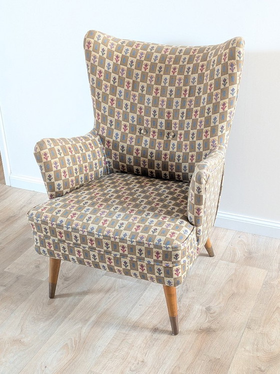 Vintage 1950s Belgian Wingback Armchair – Original Graphic Upholstery & Compass Legs – Brass, Wood (photo 3 of 12)