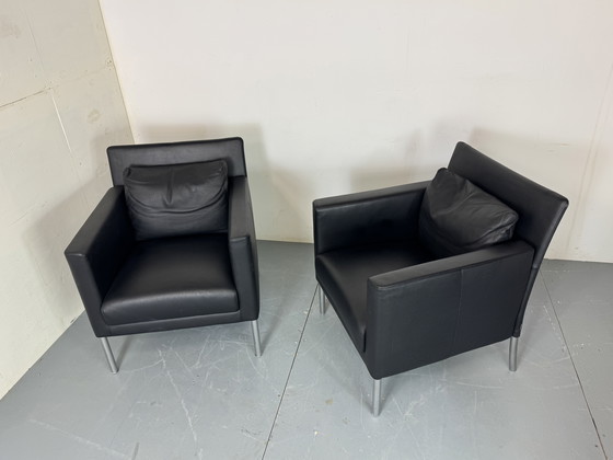 Image 1 of  Modernist German Black Leather and Steel Lounge Chairs from Walter Knoll / Wilhelm Knoll, 2000s, Set of 2