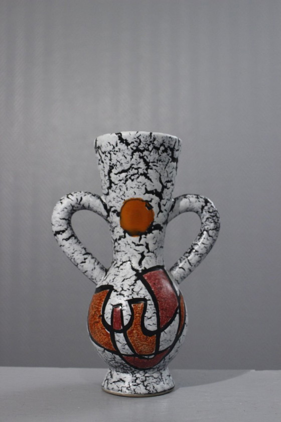 Image 1 of Vintage keramische vaas met kubistische abstractie op lava email 1950 Vallauris