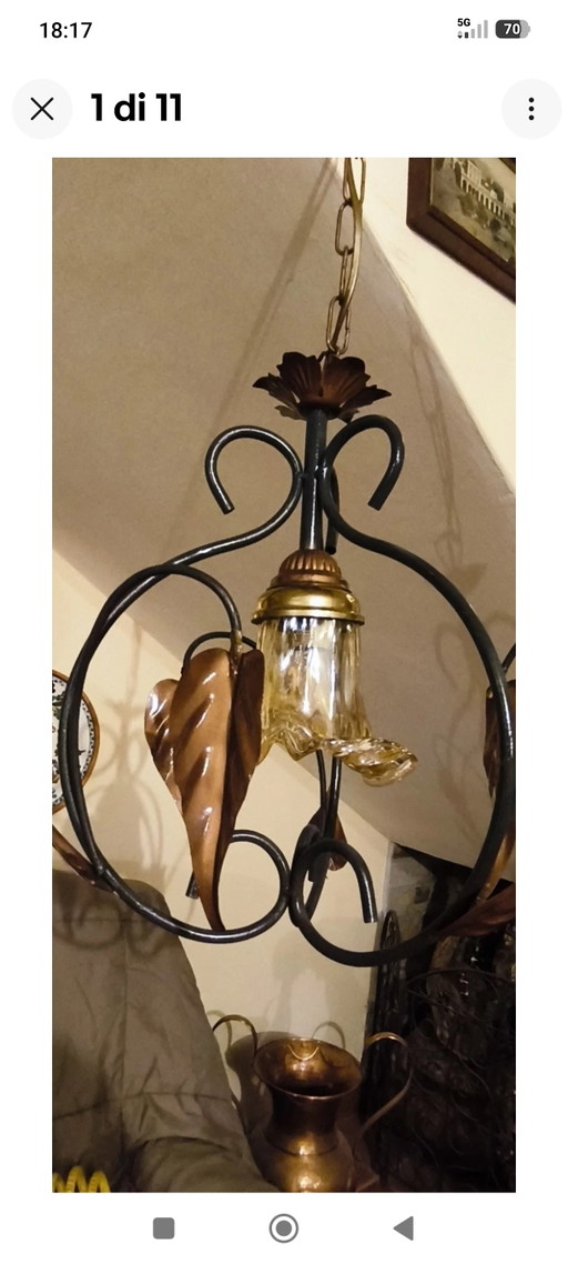 Vintage Wrought Iron Chandelier with Metal and Glass Leaves, Rustic Suspension – hanglampen
