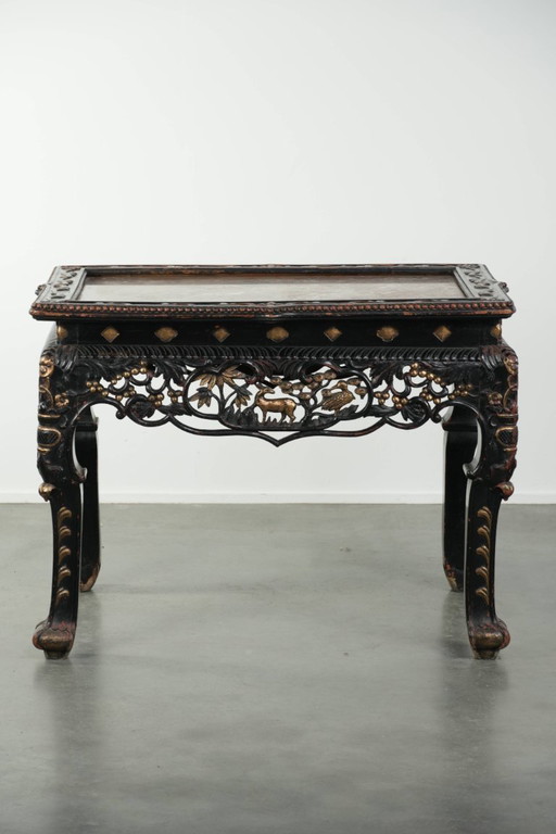 Schitterende niet veel voorkomende kleurrijke antieke Chinese 19e eeuwse houten sidetable/ opiumtafel met een marmeren blad