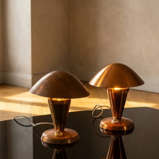 Table Lamps, Mid Century Copper Mushroom Shape, Vladimír Havel Kovona, 1960s, Czechoslovakia - Pair of 2