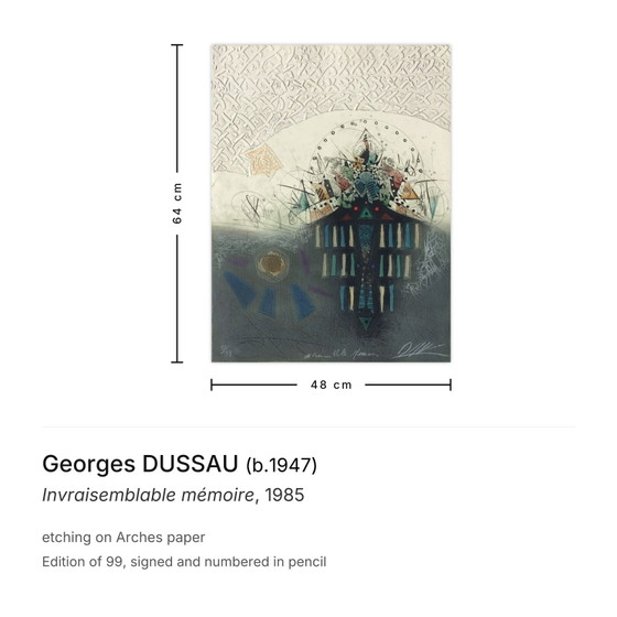 Image 1 of Acquaforte firmata Georges DUSSAU Incredible Memoir 1985