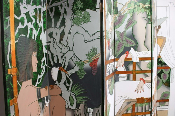 Large Art Deco style room screen. Wooden vintage room divider, Green (photo 5 of 15)