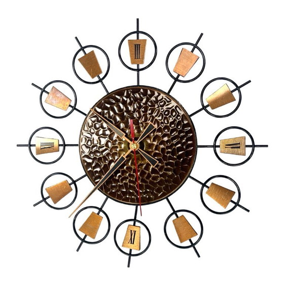 Image 1 of Horloge murale en métal et laiton à motif soleil, style moderne du milieu du XXe siècle, Allemagne, années 1960