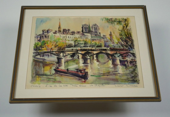 Image 1 of Antike gerahmte Farbgravur. Marius Girard. Die Île de la Cité, Paris.