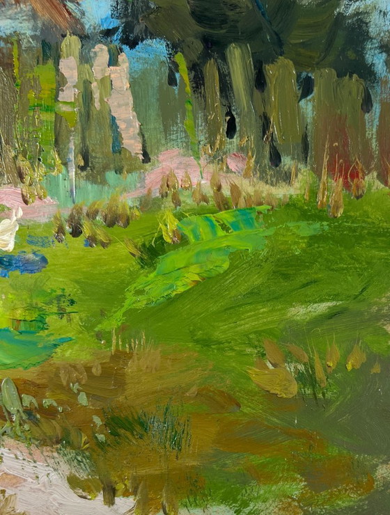 Image 1 of Original Oil Painting Summer Village Landscape Thoughts on the bench