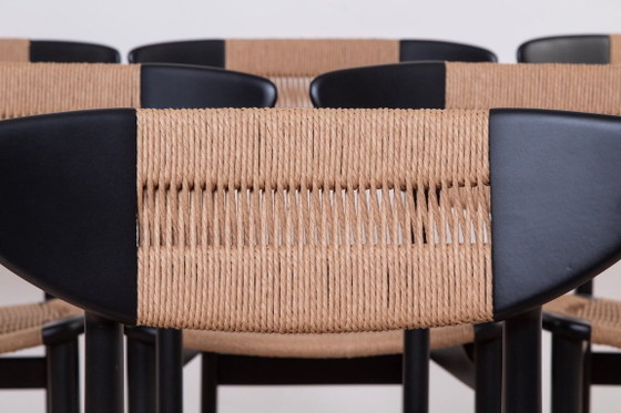 Image 1 of Set van 6 Scandinavische moderne eetkamerstoelen, met touwzitting en -rugleuning, jaren 60