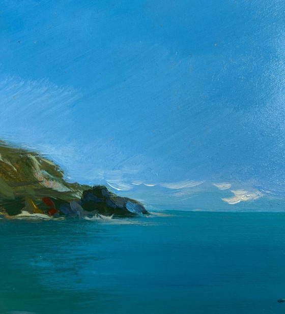 Image 1 of Pintura al óleo original: Paisaje costero marino a través de la inmensidad del mar.