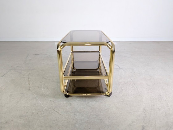 Image 1 of Mid-century side table, serving trolley, brass and glass, Italy, 1970s vintage