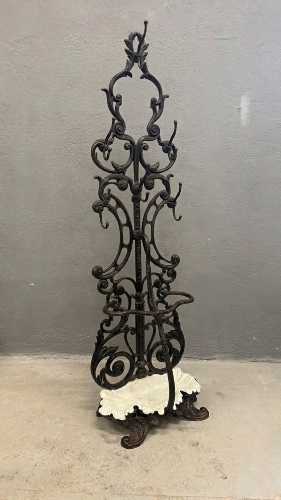 Image 1 of Antique Cast Iron Hall Stand, Victorian Coat Rack with Marble Base, Ornate Hall Tree, 19th Century