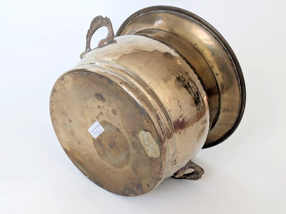 Image 1 of Vintage Hammered Brass Cachepot Planter with Ornate Handles and Age Patina