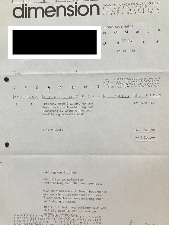 Image 1 of Rosenthal “Quadrondo” dining table by Erwin Nagel (1988) – original invoice available