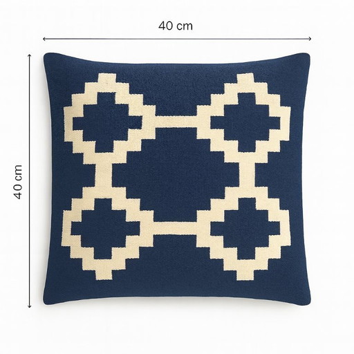 Handmade Egyptian Wool Cushion Cover "Senon" - 40×40 cm - Blue & Cream - With Zipper - Excluding Inner Cushion