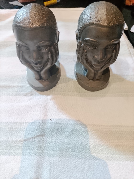 Image 1 of Art Pewter Bookends/Sculptures - The Pewter Makers of Huy - Vintage Mid-Century
