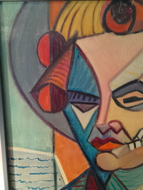 Image 1 of Anatomisch kubistisch portret: Kaptafel met krulspelden, olieverf op linnen doek, gesigneerd Calezis, circa 1955