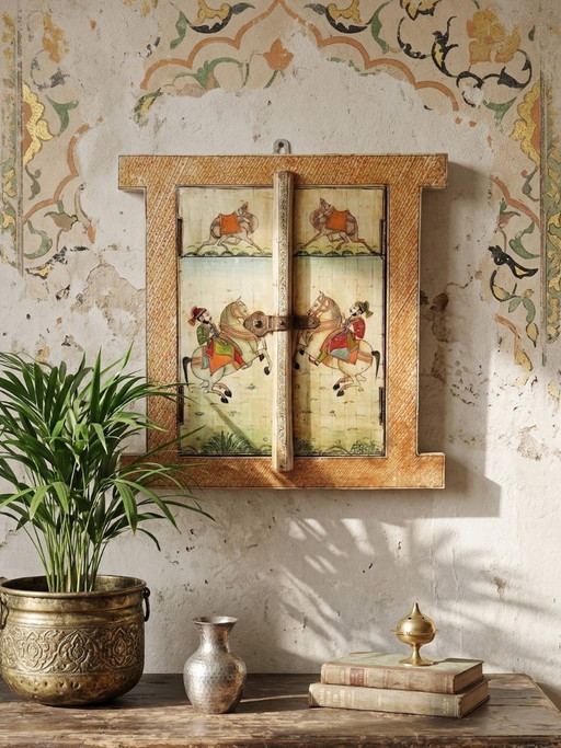 Espejo de ventana de Rajastán en hueso pintado a mano con decoración ecuestre, antiguo, principios del siglo XX.