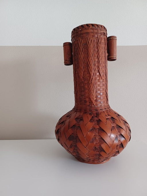Ikebana hanakago - vase japonais vintage en bambou. Tissé à la main. Artisanat. Mid Century.