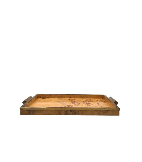 Image 1 of Hollywood regency brass & burl tray, Italy 1970s
