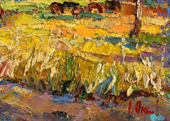 Image 1 of Original Oil Painting Fall Field Landscape Golden breath of autumn