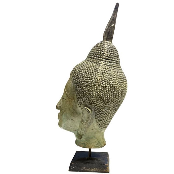 Antiek Thais Bronzen Boeddha Hoofd met Voetstuk 39 cm – Beeldhouwkunst, Wood (photo 6 of 7)