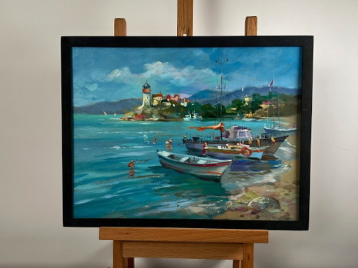 Original Oil Painting Summer Coastal Landscape Boats and lighthouse