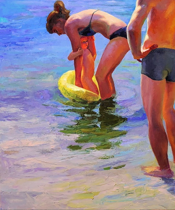 Image 1 of Original Oil Painting Natural Landscape River Happy Summer Childhood