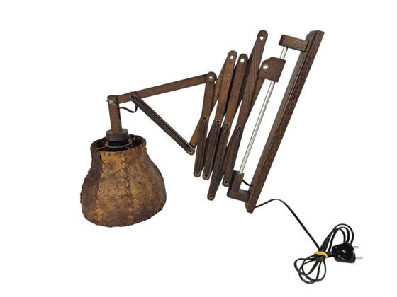 Image 1 of Schaarlamp | Harmonicalamp | wandlamp | vintage | eiken | varkensblaas | 70's |