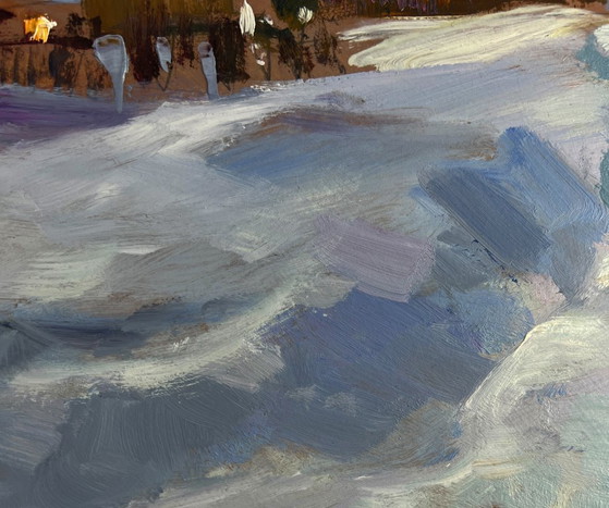 Image 1 of Original Oil Painting Winter Village Landscape Large snow drifts fell
