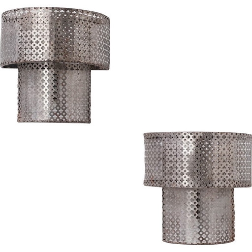 Pair of vintage perforated metal wall lamps, France 1970s