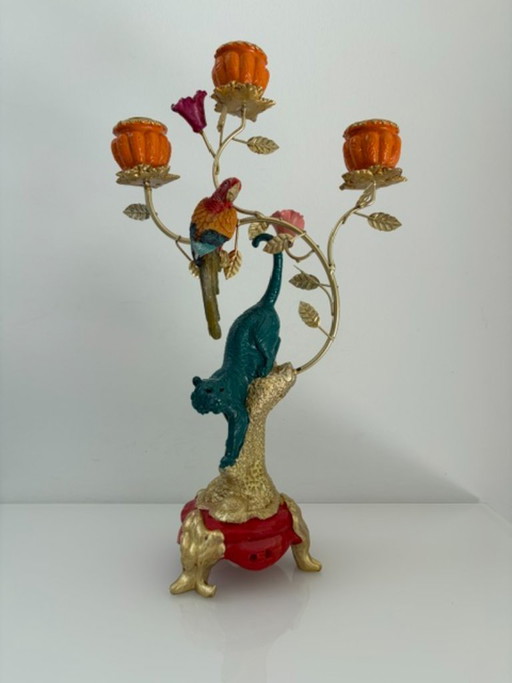 Candelabro ecléctico con tigre y loro – kandelaars en kaarsen, Plastic, Metal