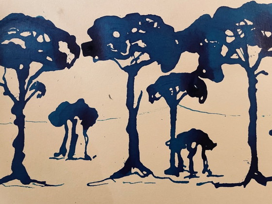 Image 1 of Dipinto ad acquerello monocromatico firmato "Pineta al crepuscolo"