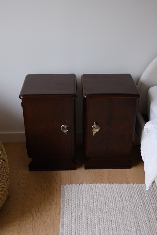 Lot de 2 Tables de nuit Art Déco - Bois Foncé & Ferronnerie Unique - Années 1920