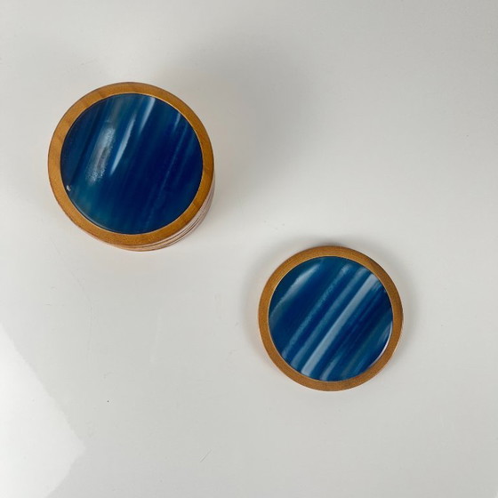 Image 1 of Set of 6 coasters in blue agate and wood, Midcentury modern