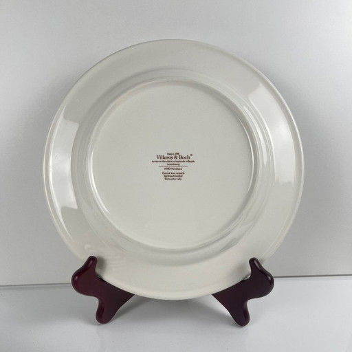 Juego de 6 platos llanos Villeroy & Boch, borde burdeos/morado, siglo XX.