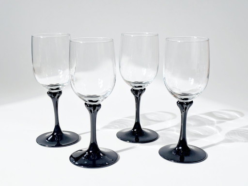Set di 4 bicchieri da vino Vintage Luminarc Veronese | Vetro trasparente con piedini neri a petali | Francia anni '70