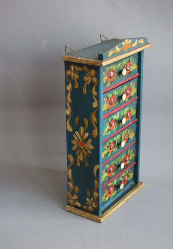Image 1 of Jewelry cabinet, spice cabinet made of solid wood with drawers, hand-painted in a folk art style.