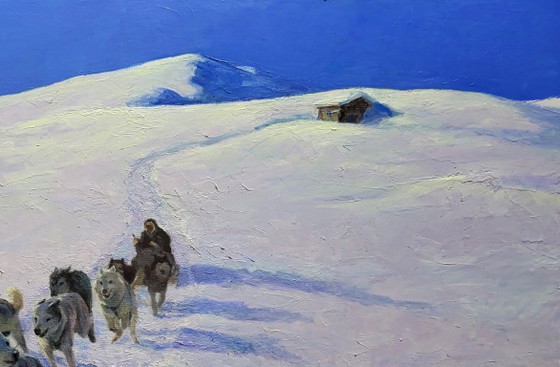Image 1 of Pintura al óleo original: Paisaje nórdico con perros de trineo en las montañas.