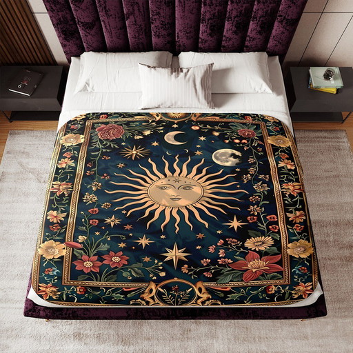 Celestial Sun and Moon Blanket | Whimsical Starry Night Floral Tapestry, Cosmic Decor, Ethereal Boho Throw,